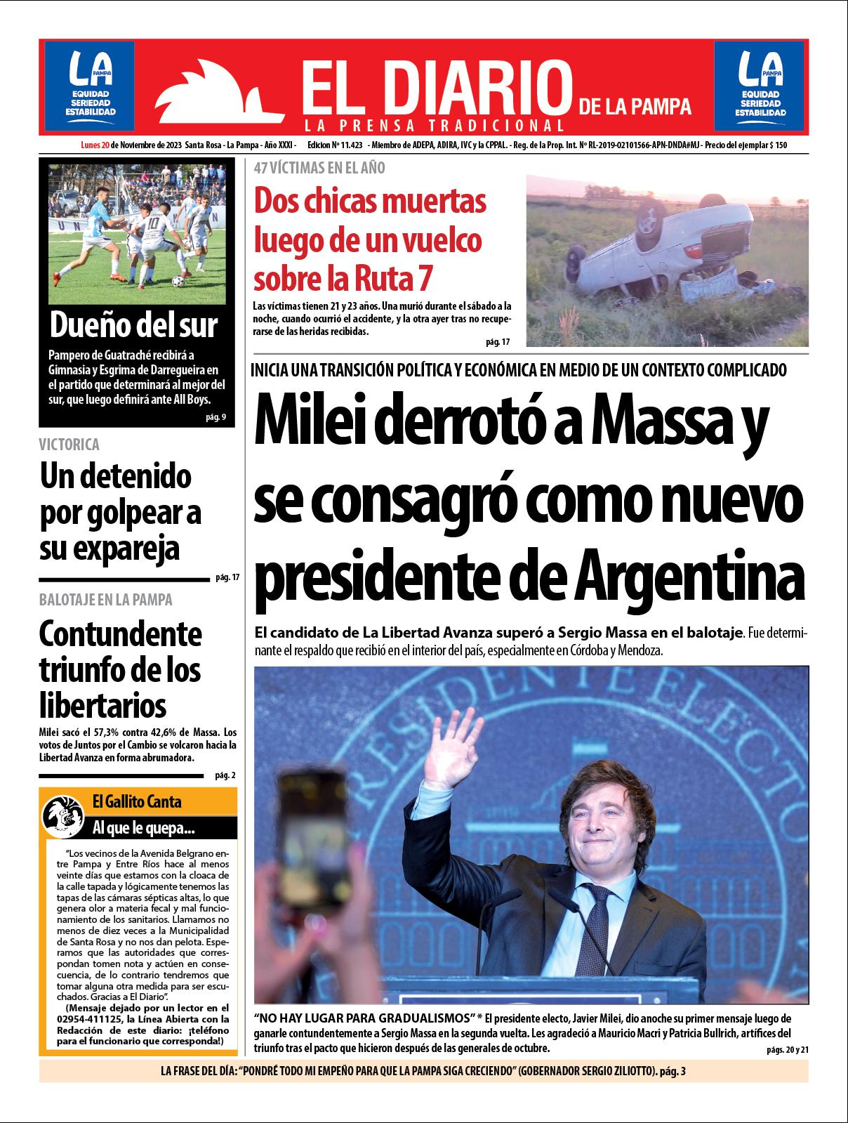Tapa de El Diario en papel  lunes 20 de noviembre de 2023